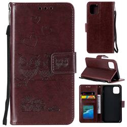 Embossing Owl Couple Flower Leather Wallet Case for iPhone 11 (6.1 inch) - Brown