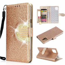 Glitter Diamond Buckle Splice Mirror Leather Wallet Phone Case for iPhone 11 (6.1 inch) - Golden