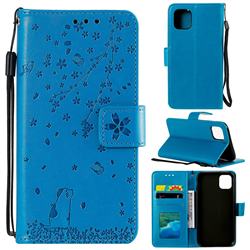 Embossing Cherry Blossom Cat Leather Wallet Case for iPhone 11 (6.1 inch) - Blue