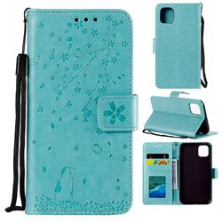 Embossing Cherry Blossom Cat Leather Wallet Case for iPhone 11 (6.1 inch) - Green