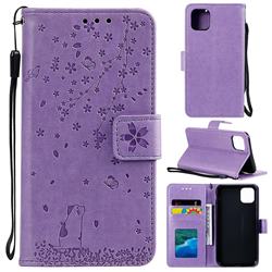 Embossing Cherry Blossom Cat Leather Wallet Case for iPhone 11 (6.1 inch) - Purple