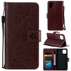 Embossing Cherry Blossom Cat Leather Wallet Case for iPhone 11 (6.1 inch) - Brown