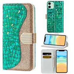 Glitter Diamond Buckle Laser Stitching Leather Wallet Phone Case for iPhone 11 (6.1 inch) - Green