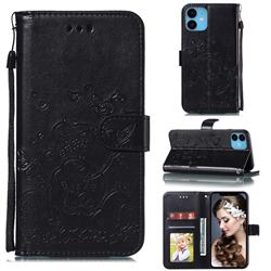 Embossing Butterfly Heart Bear Leather Wallet Case for iPhone 11 (6.1 inch) - Black