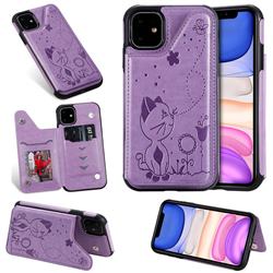 Luxury Bee and Cat Multifunction Magnetic Card Slots Stand Leather Back Cover for iPhone 11 (6.1 inch) - Purple