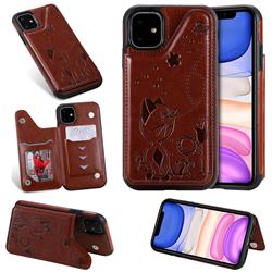 Luxury Bee and Cat Multifunction Magnetic Card Slots Stand Leather Back Cover for iPhone 11 (6.1 inch) - Brown