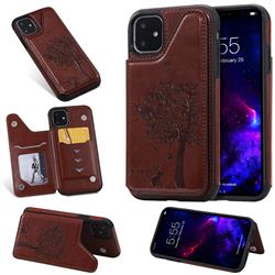 Luxury R61 Tree Cat Magnetic Stand Card Leather Phone Case for iPhone 11 (6.1 inch) - Brown