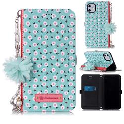 Daisy Endeavour Florid Pearl Flower Pendant Metal Strap PU Leather Wallet Case for iPhone 11 (6.1 inch)