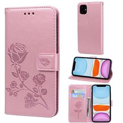 Embossing Rose Flower Leather Wallet Case for iPhone 11 (6.1 inch) - Rose Gold