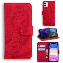 Intricate Embossing Tiger Face Leather Wallet Case for iPhone 11 (6.1 inch) - Red