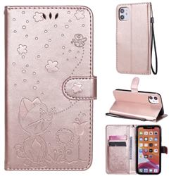 Embossing Bee and Cat Leather Wallet Case for iPhone 11 (6.1 inch) - Rose Gold