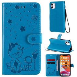 Embossing Bee and Cat Leather Wallet Case for iPhone 11 (6.1 inch) - Blue