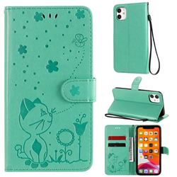 Embossing Bee and Cat Leather Wallet Case for iPhone 11 (6.1 inch) - Green