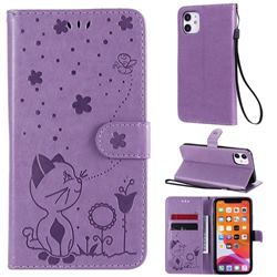 Embossing Bee and Cat Leather Wallet Case for iPhone 11 (6.1 inch) - Purple