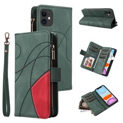 Luxury Two-color Stitching Multi-function Zipper Leather Wallet Case Cover for iPhone 11 (6.1 inch) - Green