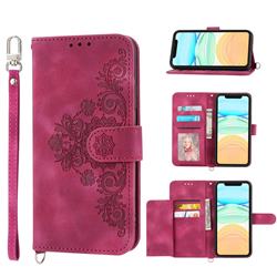 Skin Feel Embossed Lace Flower Multiple Card Slots Leather Wallet Phone Case for iPhone 11 (6.1 inch) - Claret Red