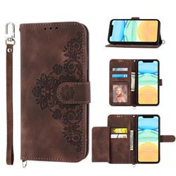 Skin Feel Embossed Lace Flower Multiple Card Slots Leather Wallet Phone Case for iPhone 11 (6.1 inch) - Brown