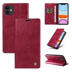 YIKATU Litchi Card Magnetic Automatic Suction Leather Flip Cover for iPhone 11 (6.1 inch) - Wine Red