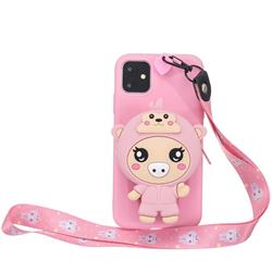 Pink Pig Neck Lanyard Zipper Wallet Silicone Case for iPhone 11 Pro Max (6.5 inch)