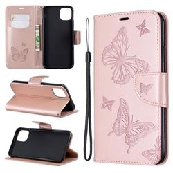 Embossing Double Butterfly Leather Wallet Case for iPhone 11 Pro Max - Rose Gold