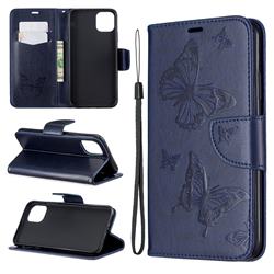 Embossing Double Butterfly Leather Wallet Case for iPhone 11 Pro Max - Dark Blue