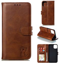 Embossing Happy Cat Leather Wallet Case for iPhone 11 Pro Max (6.5 inch) - Brown