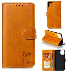 Embossing Happy Cat Leather Wallet Case for iPhone 11 Pro Max (6.5 inch) - Yellow