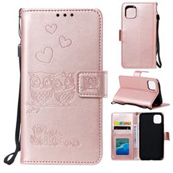 Embossing Owl Couple Flower Leather Wallet Case for iPhone 11 Pro Max (6.5 inch) - Rose Gold