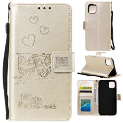 Embossing Owl Couple Flower Leather Wallet Case for iPhone 11 Pro Max (6.5 inch) - Golden