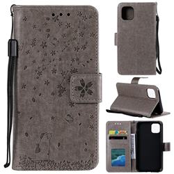 Embossing Cherry Blossom Cat Leather Wallet Case for iPhone 11 Pro Max (6.5 inch) - Gray