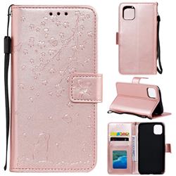 Embossing Cherry Blossom Cat Leather Wallet Case for iPhone 11 Pro Max (6.5 inch) - Rose Gold