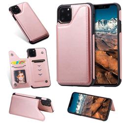Luxury Multifunction Magnetic Card Slots Stand Calf Leather Phone Back Cover for iPhone 11 Pro Max (6.5 inch) - Rose Gold