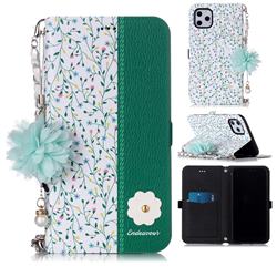 Magnolia Endeavour Florid Pearl Flower Pendant Metal Strap PU Leather Wallet Case for iPhone 11 Pro Max (6.5 inch)
