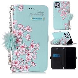 Cherry Blossoms Endeavour Florid Pearl Flower Pendant Metal Strap PU Leather Wallet Case for iPhone 11 Pro Max (6.5 inch)