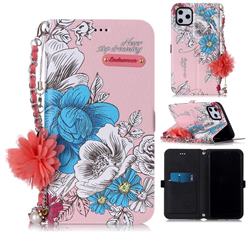 Pink Blue Rose Endeavour Florid Pearl Flower Pendant Metal Strap PU Leather Wallet Case for iPhone 11 Pro Max (6.5 inch)