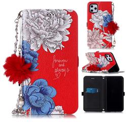 Red Chrysanthemum Endeavour Florid Pearl Flower Pendant Metal Strap PU Leather Wallet Case for iPhone 11 Pro Max (6.5 inch)