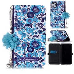 Blue-and-White Endeavour Florid Pearl Flower Pendant Metal Strap PU Leather Wallet Case for iPhone 11 Pro Max (6.5 inch)