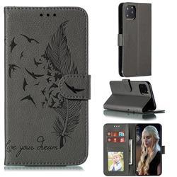 Intricate Embossing Lychee Feather Bird Leather Wallet Case for iPhone 11 Pro Max (6.5 inch) - Gray