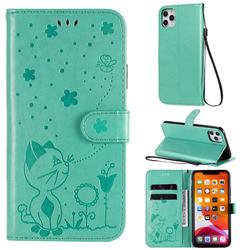 Embossing Bee and Cat Leather Wallet Case for iPhone 11 Pro Max (6.5 inch) - Green
