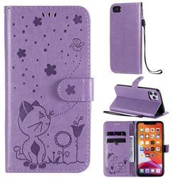 Embossing Bee and Cat Leather Wallet Case for iPhone 11 Pro Max (6.5 inch) - Purple
