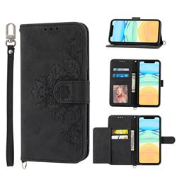 Skin Feel Embossed Lace Flower Multiple Card Slots Leather Wallet Phone Case for iPhone 11 Pro Max (6.5 inch) - Black