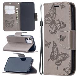 Embossing Double Butterfly Leather Wallet Case for iPhone 12 mini (5.4 inch) - Gray