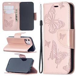 Embossing Double Butterfly Leather Wallet Case for iPhone 12 mini (5.4 inch) - Rose Gold