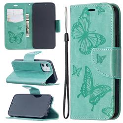 Embossing Double Butterfly Leather Wallet Case for iPhone 12 mini (5.4 inch) - Green