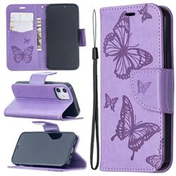 Embossing Double Butterfly Leather Wallet Case for iPhone 12 mini (5.4 inch) - Purple