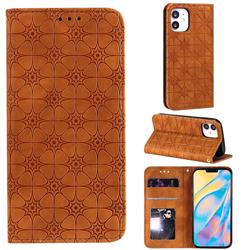 Intricate Embossing Four Leaf Clover Leather Wallet Case for iPhone 12 mini (5.4 inch) - Yellowish Brown