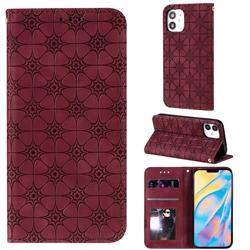 Intricate Embossing Four Leaf Clover Leather Wallet Case for iPhone 12 mini (5.4 inch) - Claret