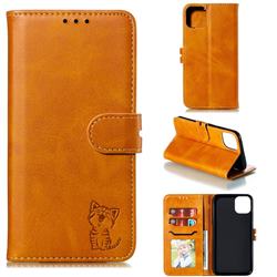 Embossing Happy Cat Leather Wallet Case for iPhone 12 mini (5.4 inch) - Yellow