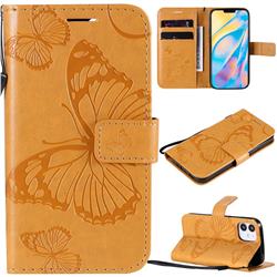 Embossing 3D Butterfly Leather Wallet Case for iPhone 12 mini (5.4 inch) - Yellow