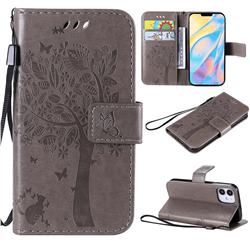 Embossing Butterfly Tree Leather Wallet Case for iPhone 12 mini (5.4 inch) - Grey